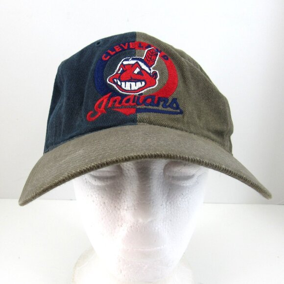 Vntg Cleveland Indians Embroidered Logo Men's Gray & Blue Adj Strap Back Cap Hat - Picture 2 of 9